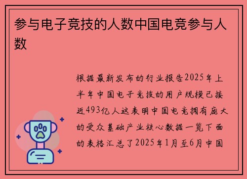 参与电子竞技的人数中国电竞参与人数